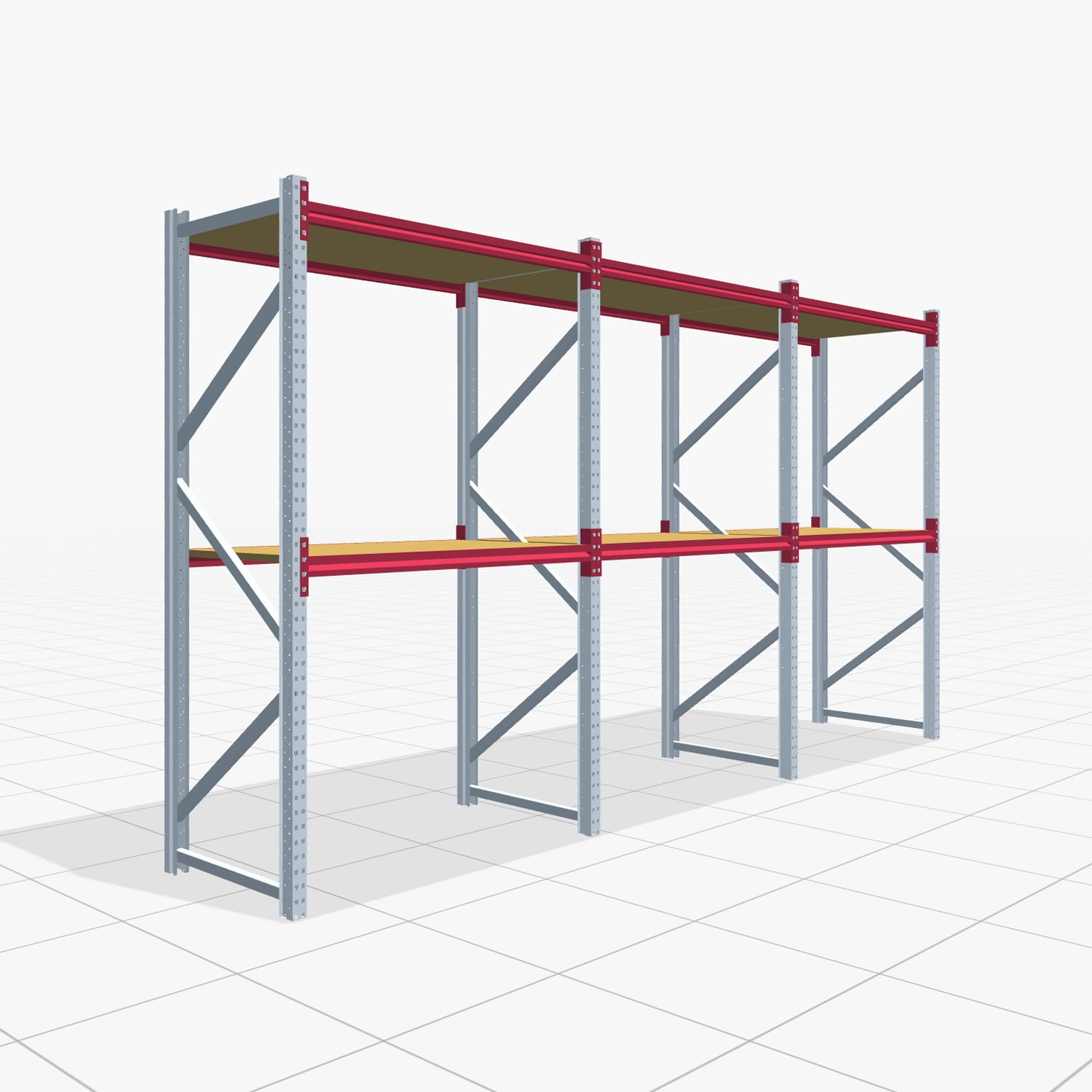 Weitspannregale WSX 5000, H: 2.400 mm, B: 4.748 mm mm, T: 800 mm, Ebenen: 3, Feldbreite: 1.500 mm, Auflage: Spanplatte