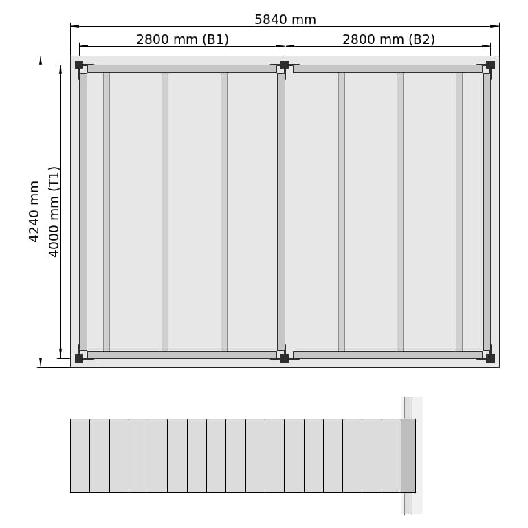 Lagerbühnen LBX 8000 Rechteck, 2 Felder, B: 5.840 mm, T: 4.240 mm mm, Treppe: aussenMitPodest, Übergabe: ohne