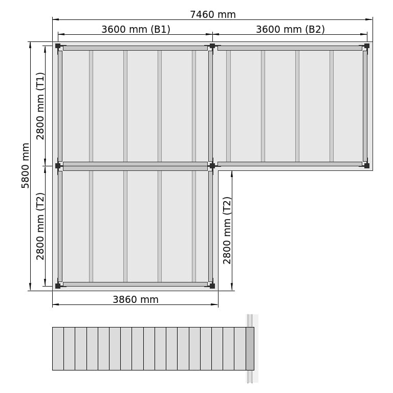 Lagerbühnen LBX 8000 L-Form links, 3 Felder, B: 7.460 mm, T: 5.800 mm mm, Treppe: vorgesetzt, Übergabe: ohne