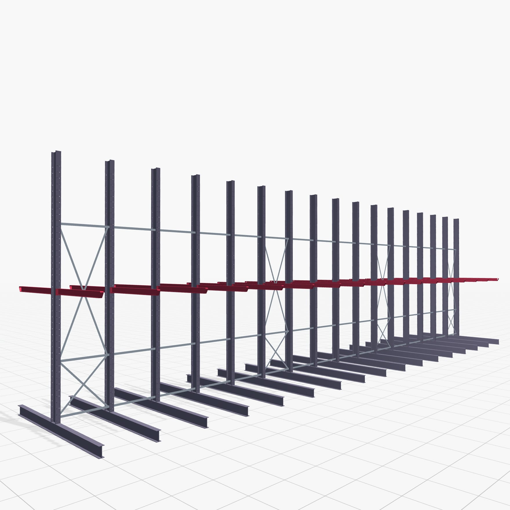 Kragarmregal Staplerbedient KSX 2000, H: 4.500 mm, B: 16100 mm, Armlänge: 1.500 mm, Zweiseitige Nutzung