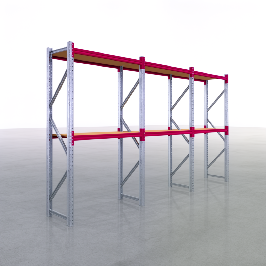 Weitspannregale WSX 5000, H: 2.400 mm, B: 4.748 mm mm, T: 600 mm, Ebenen: 3, Feldbreite: 1.500 mm, Auflage: Spanplatte