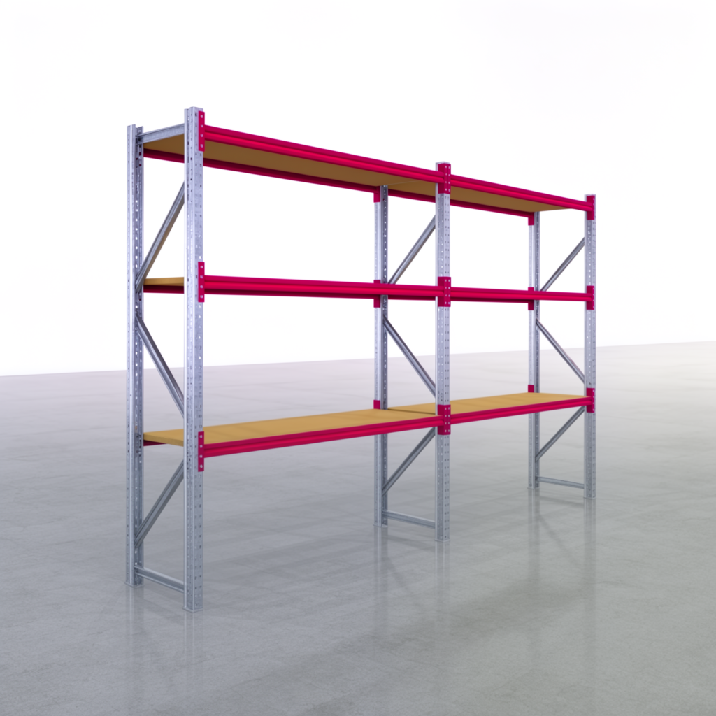 Weitspannregale WSX 5000, H: 2.400 mm, B: 4.177 mm mm, T: 600 mm, Ebenen: 4, Feldbreite: 2.000 mm, Auflage: Spanplatte