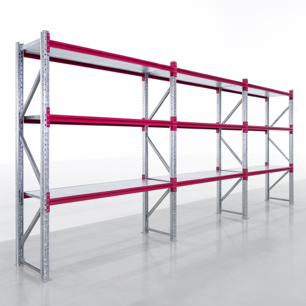 Weitspannregale WSX 5000, H: 2.400 mm, B: 6.233 mm mm, T: 600 mm, Ebenen: 4, Feldbreite: 2.000 mm, Auflage: Stahlboden