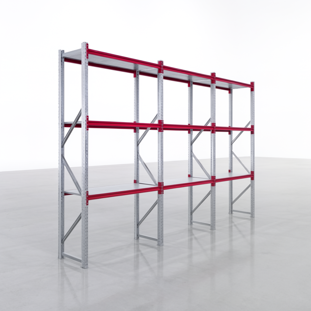 Weitspannregale WSX 5000, H: 3.000 mm, B: 4.748 mm mm, T: 600 mm, Ebenen: 4, Feldbreite: 1.500 mm, Auflage: Stahlboden