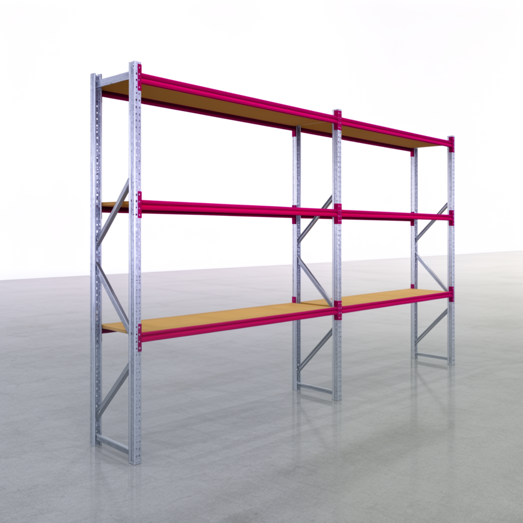 Weitspannregale WSX 5000, H: 3.000 mm, B: 5.167 mm mm, T: 600 mm, Ebenen: 4, Feldbreite: 2.500 mm, Auflage: Spanplatte