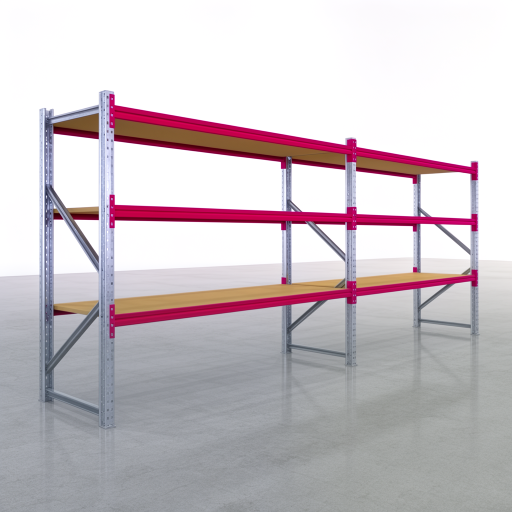 Weitspannregale WSX 5000, H: 2.000 mm, B: 5.167 mm mm, T: 800 mm, Ebenen: 4, Feldbreite: 2.500 mm, Auflage: Spanplatte