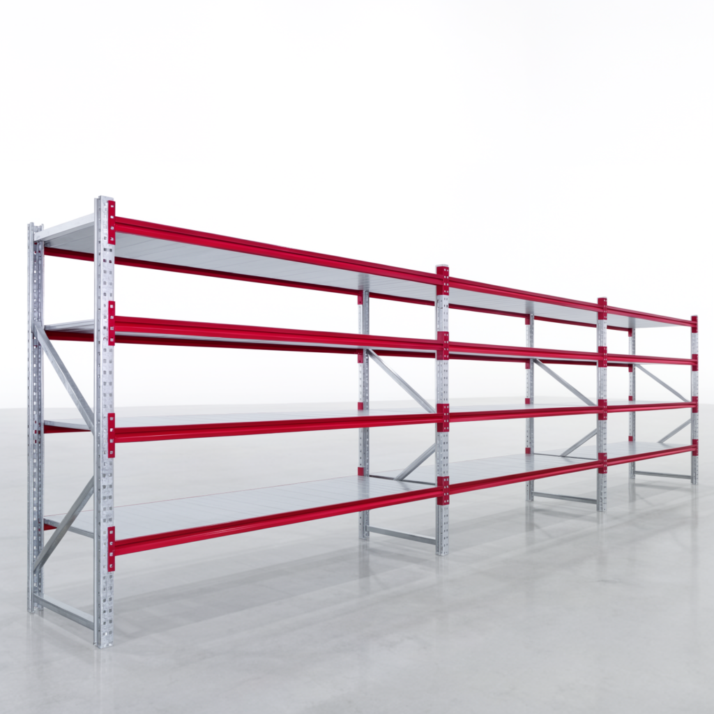 Weitspannregale WSX 5000, H: 2.000 mm, B: 7.718 mm mm, T: 800 mm, Ebenen: 5, Feldbreite: 2.500 mm, Auflage: Stahlboden