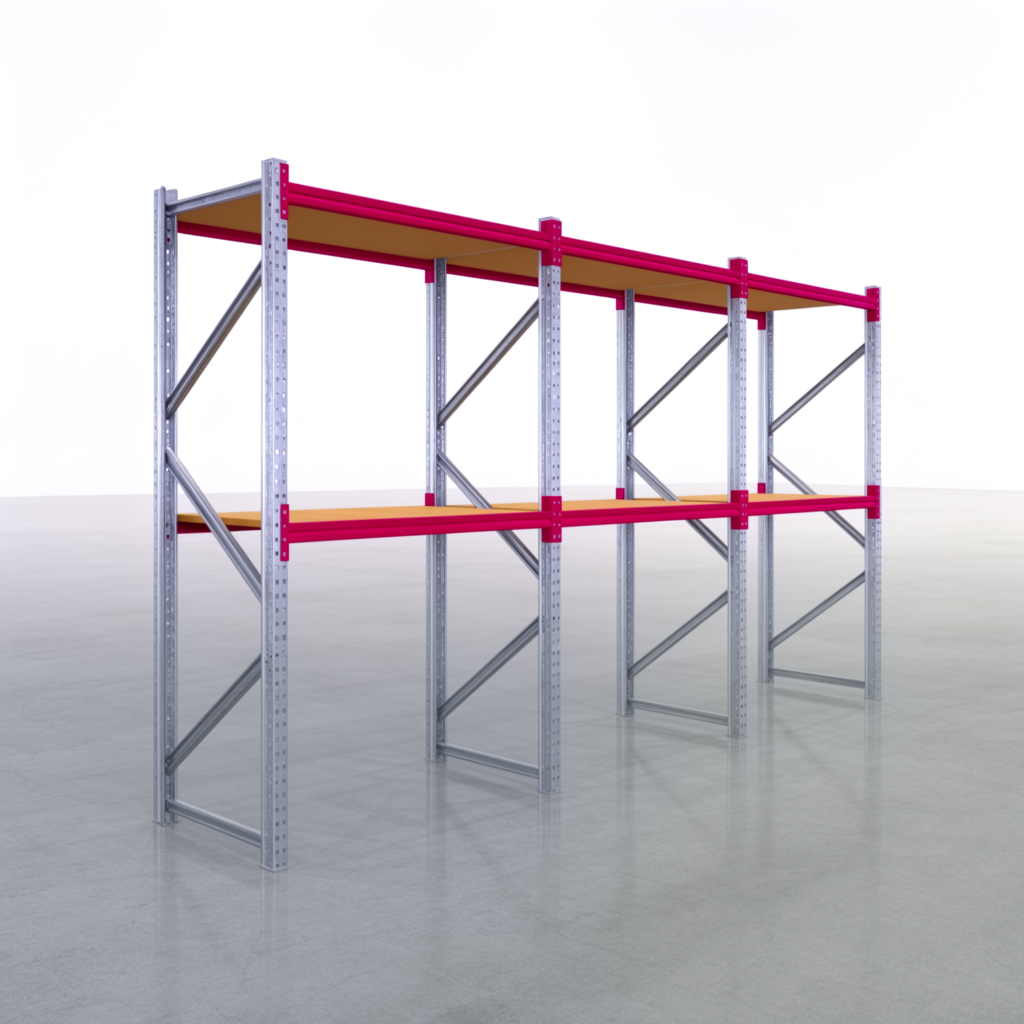 Weitspannregale WSX 5000, H: 2.400 mm, B: 4.748 mm mm, T: 800 mm, Ebenen: 3, Feldbreite: 1.500 mm, Auflage: Spanplatte