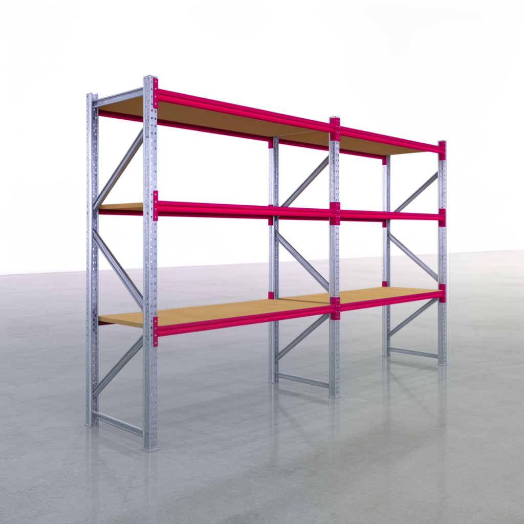 Weitspannregale WSX 5000, H: 2.400 mm, B: 4.177 mm mm, T: 800 mm, Ebenen: 4, Feldbreite: 2.000 mm, Auflage: Spanplatte