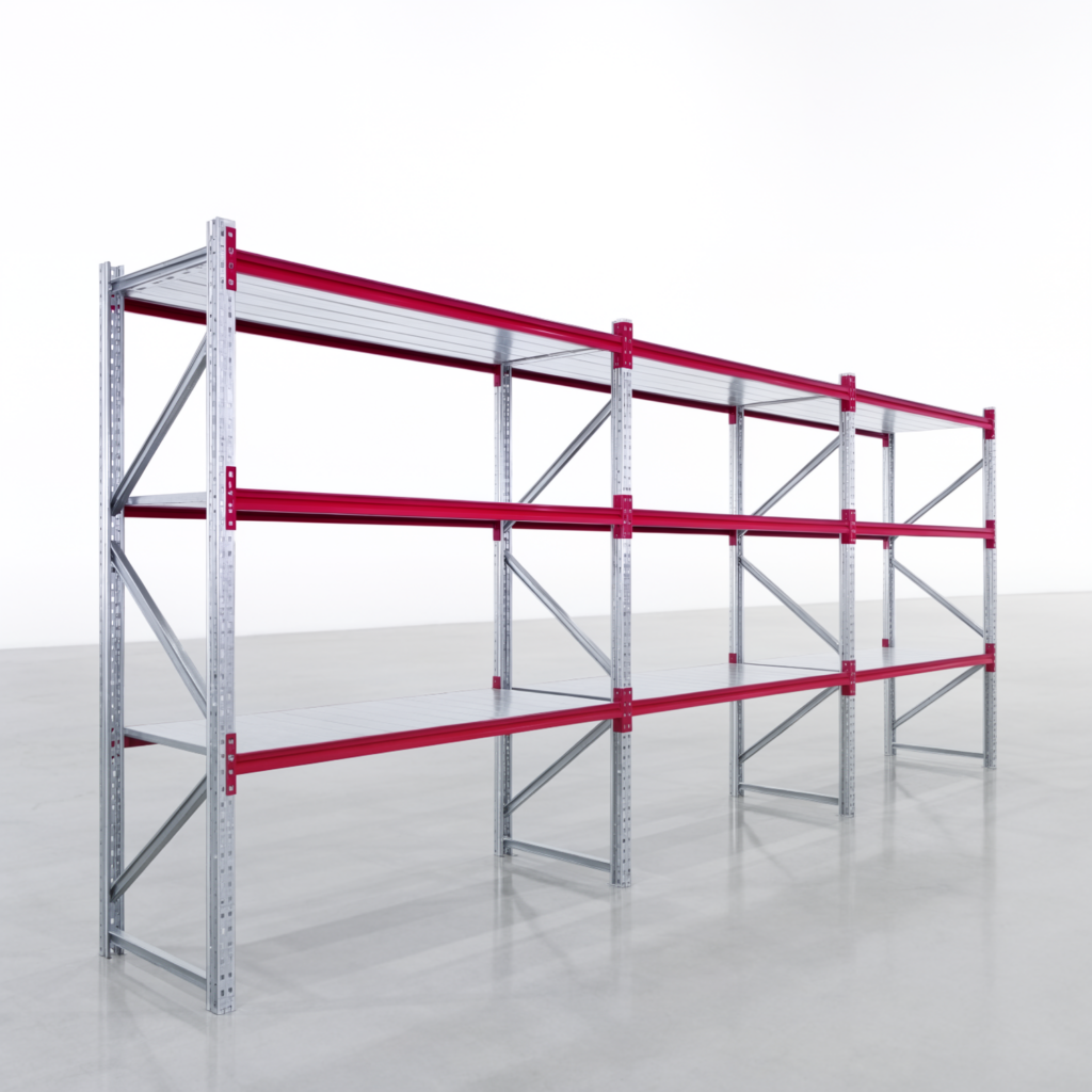 Weitspannregale WSX 5000, H: 2.400 mm, B: 6.233 mm mm, T: 800 mm, Ebenen: 4, Feldbreite: 2.000 mm, Auflage: Stahlboden