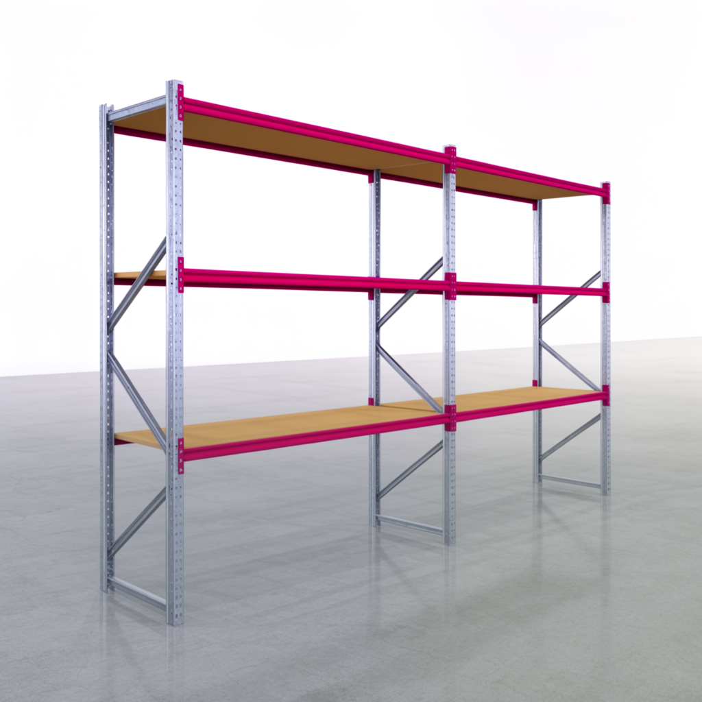 Weitspannregale WSX 5000, H: 3.000 mm, B: 5.167 mm mm, T: 800 mm, Ebenen: 4, Feldbreite: 2.500 mm, Auflage: Spanplatte