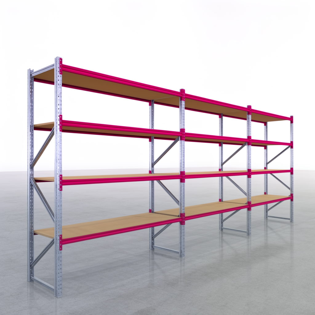 Weitspannregale WSX 5000, H: 3.000 mm, B: 7.718 mm mm, T: 800 mm, Ebenen: 5, Feldbreite: 2.500 mm, Auflage: Spanplatte