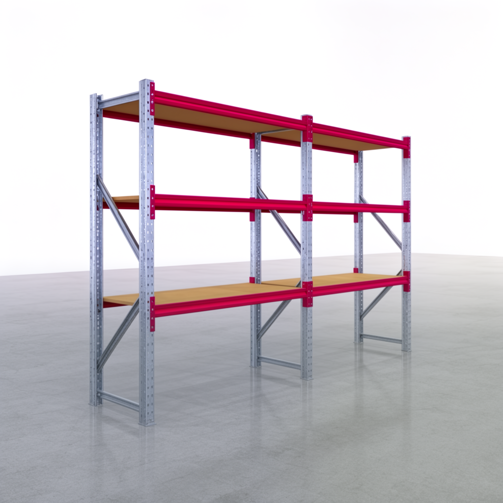 Weitspannregale WSX 5000, H: 2.000 mm, B: 3.187 mm mm, T: 600 mm, Ebenen: 4, Feldbreite: 1.500 mm, Auflage: Spanplatte